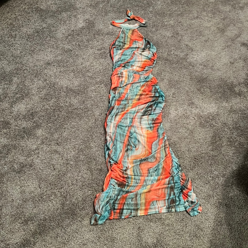 Multicolored Halter Dress with split in back.